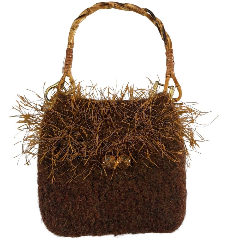 Felted Wool Handbag Purse Bag Bamboo Handles Artisan Made Brown Snap Close EUC